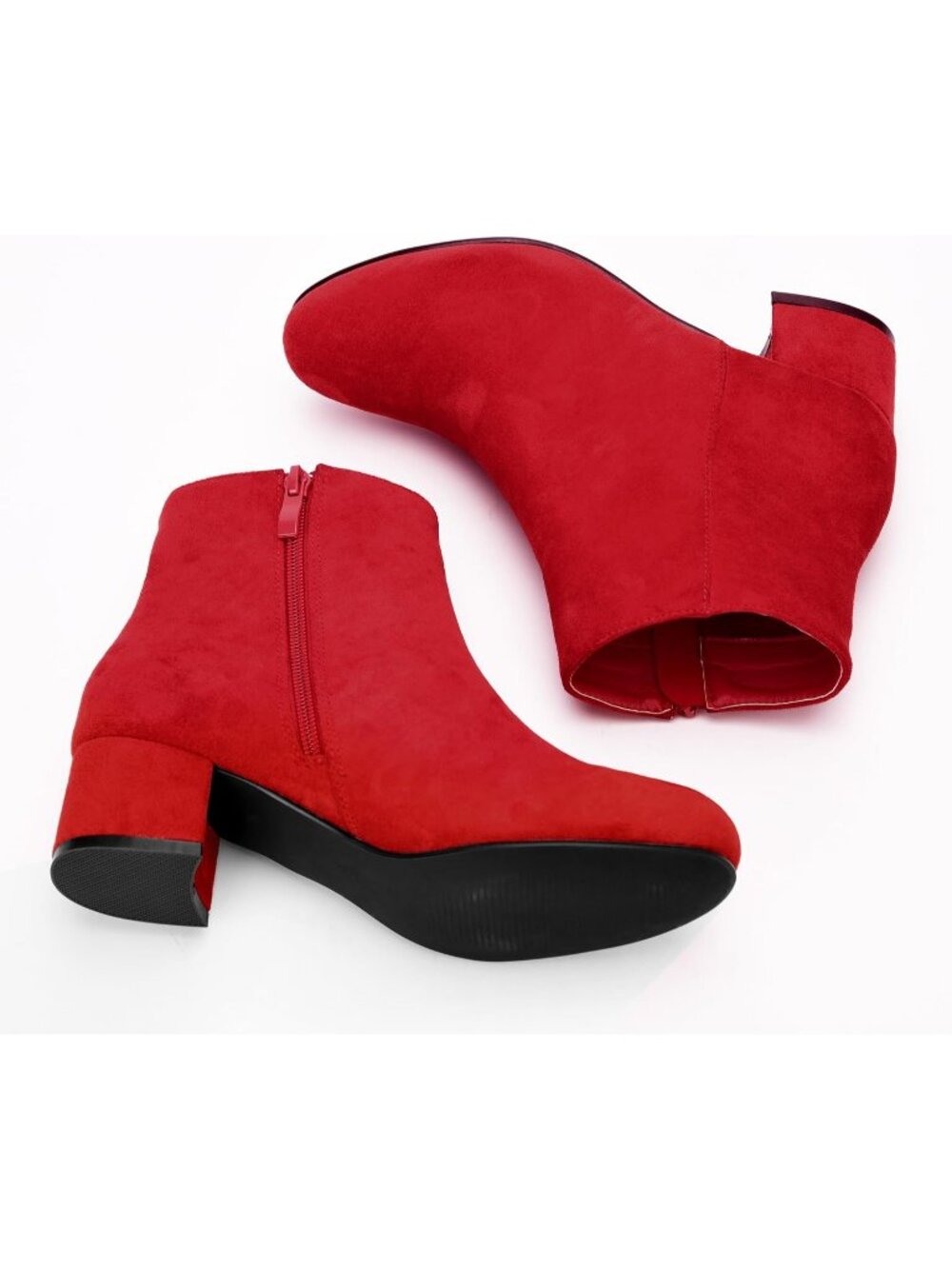 Women's Red Faux Suede Side Zip Chunky Low Block Heel Short Ankle Booties - Picture 6 of 6